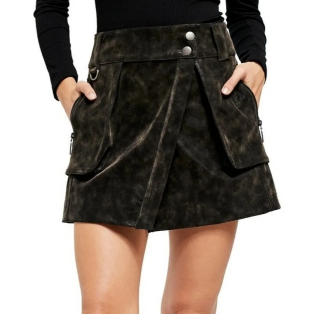 Free People Black Carson Utility Wrap Mini Skirt Faux Suede Y2K Cargo Chic US 8